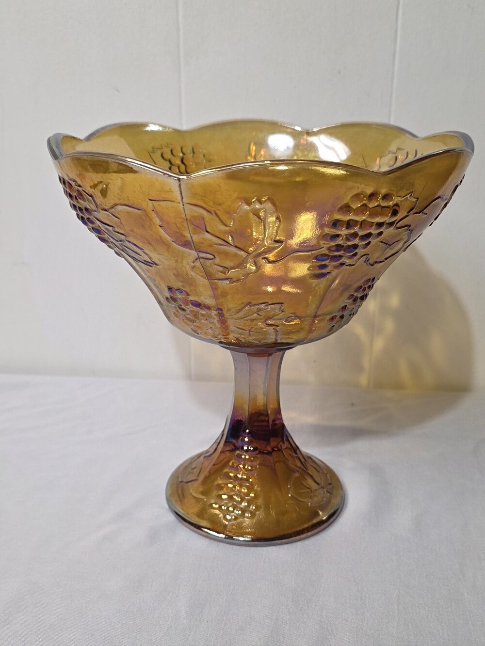Vintage Indiana Glass Marigold Iridescent Carnival Glass Compote Grape Motif
